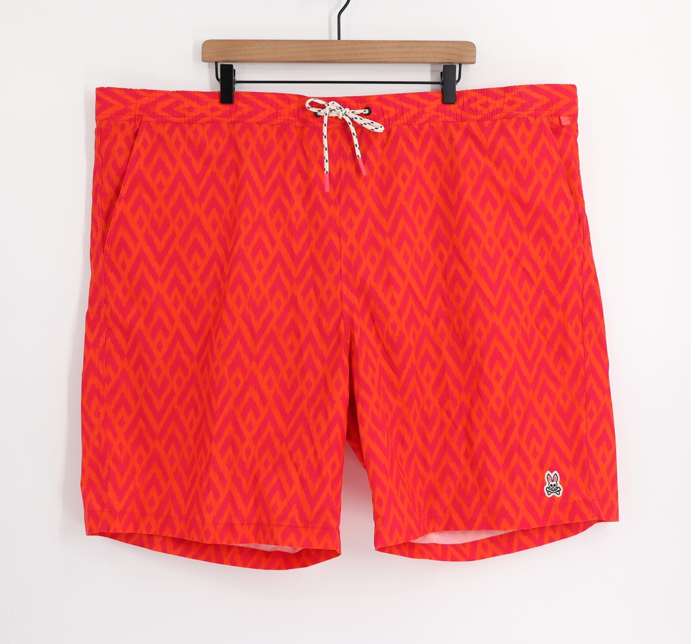 Psycho Bunny Men's Sz 2XL Red/Orange Flamestitch Swim Trunks Lined
